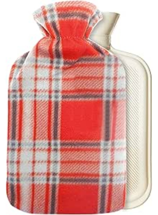 قربة ماء ساخن سعة 2 لتر مع غطاء صوف ناعم بنقشة كاروهات - مطاط طبيعي ممتاز لتوفير الدفء والراحة - لون أحمر ورمادي - Image 1